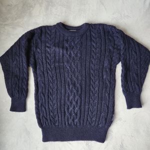 100% British Wool Thick Navy Blue Wool Overs Aran Knitted Sweater, Size Small